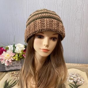 Handmade Crochet Large Slouch Hat Cap Beanie Olive Tan Ribbed Band Unisex